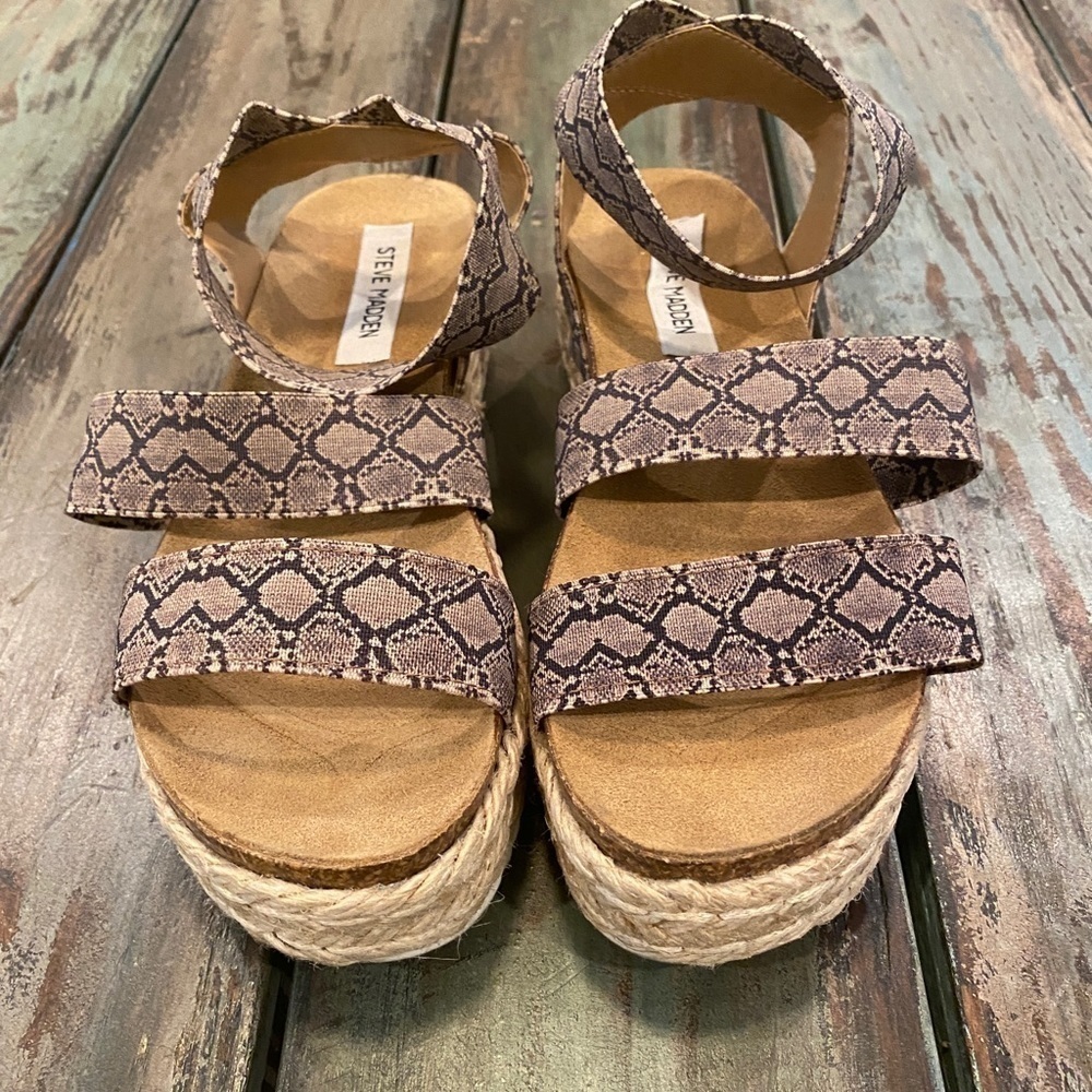 Steve Madden Kimmie Platform Cork Sandals Espadrilles Elastic Snakeskin Print 7 - Picture 4 of 11